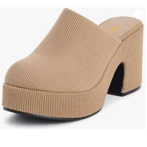 Pazzion Khaki Platform Rounded Toe Mules Clogs Slip On Chunky High Heel Slipper